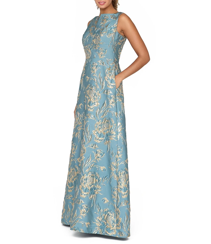 Kay Unger Guiletta Metallic Jacquard Floral Sleeveless Split V-Neck Side Seam Pocket A-Line Gown