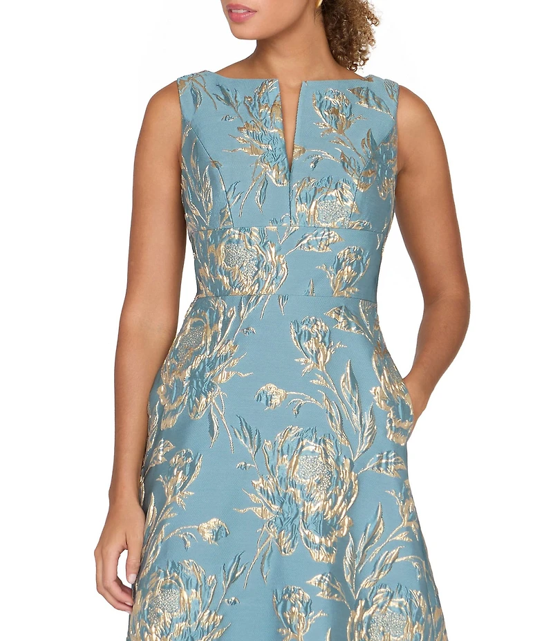 Kay Unger Guiletta Metallic Jacquard Floral Sleeveless Split V-Neck Side Seam Pocket A-Line Gown
