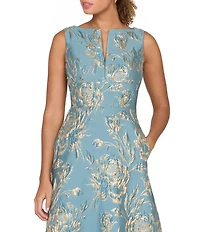 Kay Unger Guiletta Metallic Jacquard Floral Sleeveless Split V-Neck Side Seam Pocket A-Line Gown