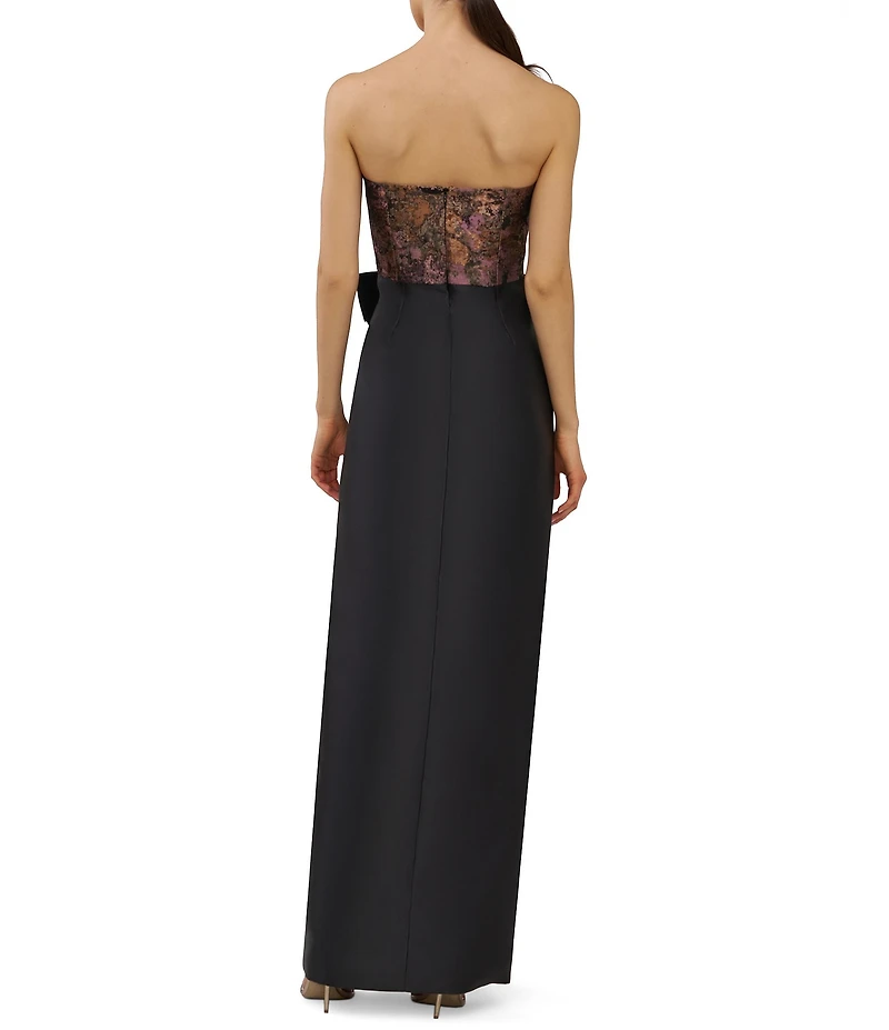 Kay Unger Jacquard Top Solid Bottom Bow Gown