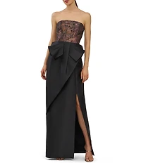 Kay Unger Jacquard Top Solid Bottom Bow Gown