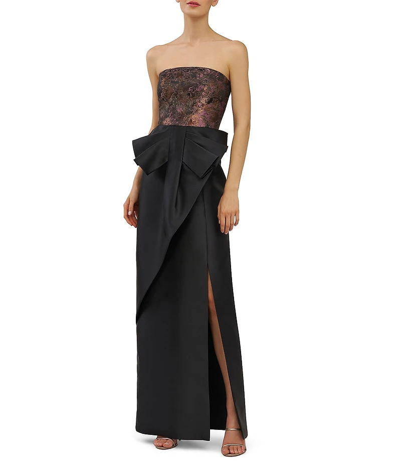 Kay Unger Jacquard Top Solid Bottom Bow Gown