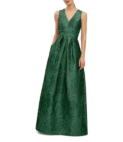 Kay Unger Jacquard V-Neck Sleeveless Pleated Gown