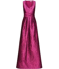 Kay Unger Jacquard V-Neck Sleeveless Pleated Gown