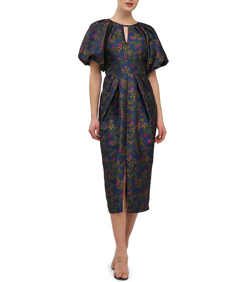 Kay Unger Jolie Jacquard Short Puff Sleeve Crew Neckline Sheath Midi Dress