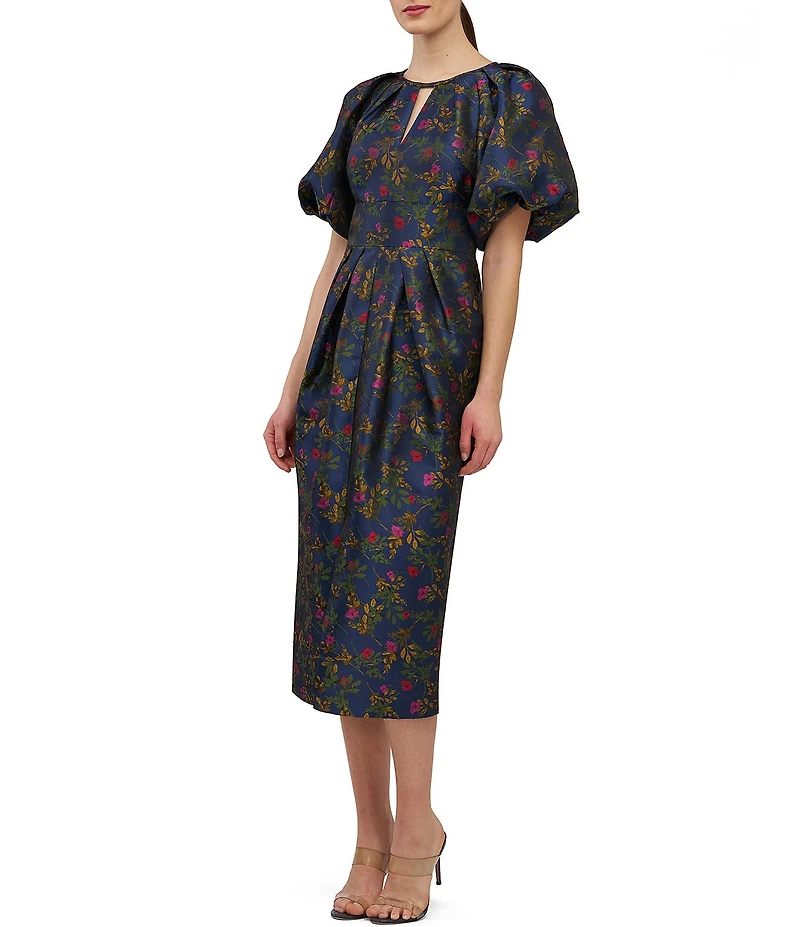 Kay Unger Jolie Jacquard Short Puff Sleeve Crew Neckline Sheath Midi Dress