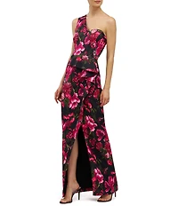 Kay Unger Josephine One Shoulder Floral Column Gown with Slit