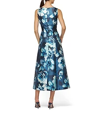 Kay Unger June Mikado Square Neck Sleeveless Floral A-Line Midi Dress