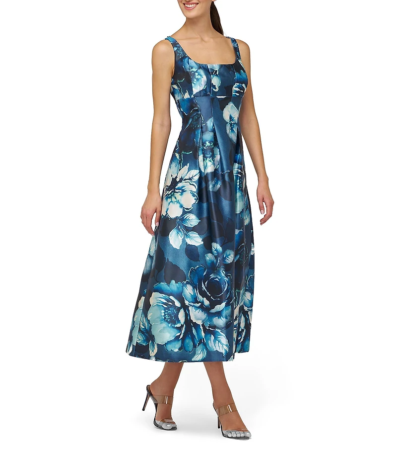 Kay Unger June Mikado Square Neck Sleeveless Floral A-Line Midi Dress