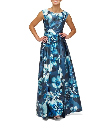 Kay Unger Kate Round Neck Sleeveless Floral Print Mikado Aline Gown