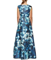 Kay Unger Kate Round Neck Sleeveless Floral Print Mikado Aline Gown