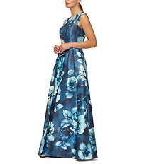 Kay Unger Kate Round Neck Sleeveless Floral Print Mikado Aline Gown
