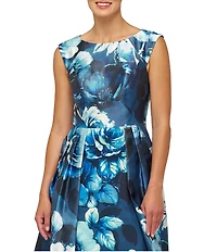 Kay Unger Kate Round Neck Sleeveless Floral Print Mikado Aline Gown