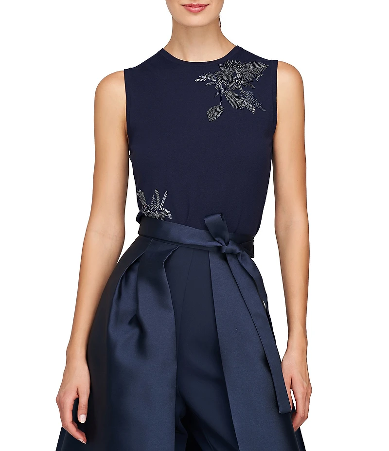 Kay Unger Kathryn Knit Floral Embroidered Crew Neck Sleeveless Top