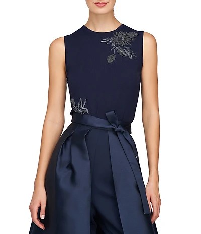 Kay Unger Kathryn Knit Floral Embroidered Crew Neck Sleeveless Top