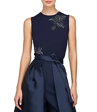 Kay Unger Kathryn Knit Floral Embroidered Crew Neck Sleeveless Top