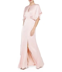 Kay Unger Lennox Satin Dolman Sleeve Keyhole Neck Gown