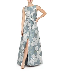 Kay Unger Lilianna Floral Print Front Knot Sleeveless Jacquard A Line Gown
