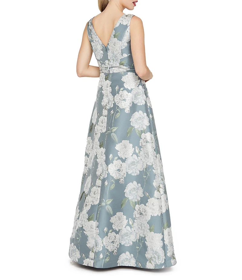 Kay Unger Lilianna Floral Print Front Knot Sleeveless Jacquard A Line Gown