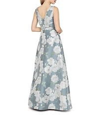 Kay Unger Lilianna Floral Print Front Knot Sleeveless Jacquard A Line Gown