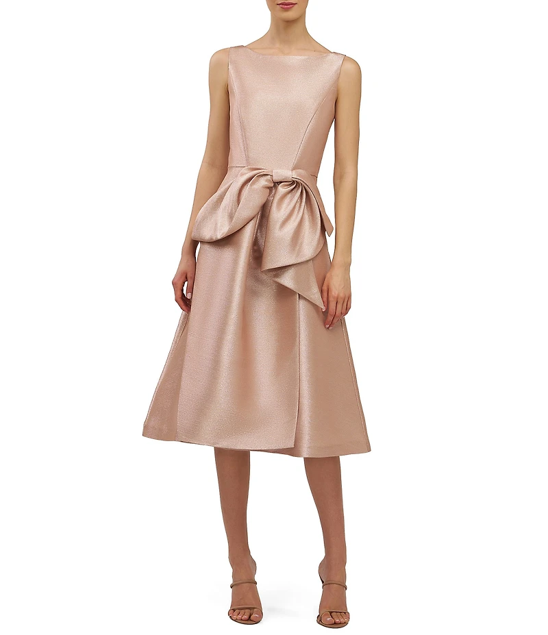 Kay Unger Lillian Metallic Mikado Boat Neck Sleeveless Large Bow Midi Dress