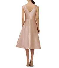 Kay Unger Lillian Metallic Mikado Boat Neck Sleeveless Large Bow Midi Dress
