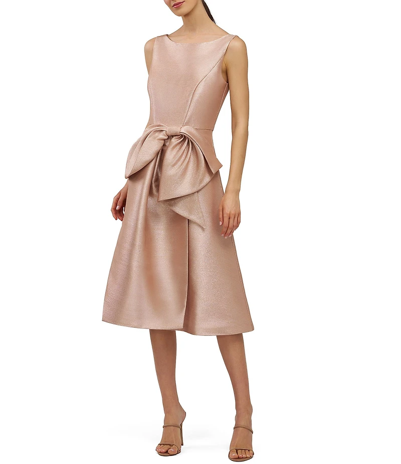 Kay Unger Lillian Metallic Mikado Boat Neck Sleeveless Large Bow Midi Dress