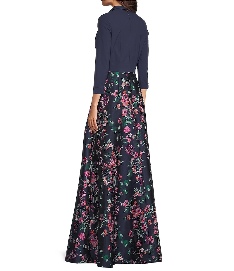 Kay Unger Marceline Split V-neck 3/4 Sleeve Jacquard Skirt Mixed Media Gown