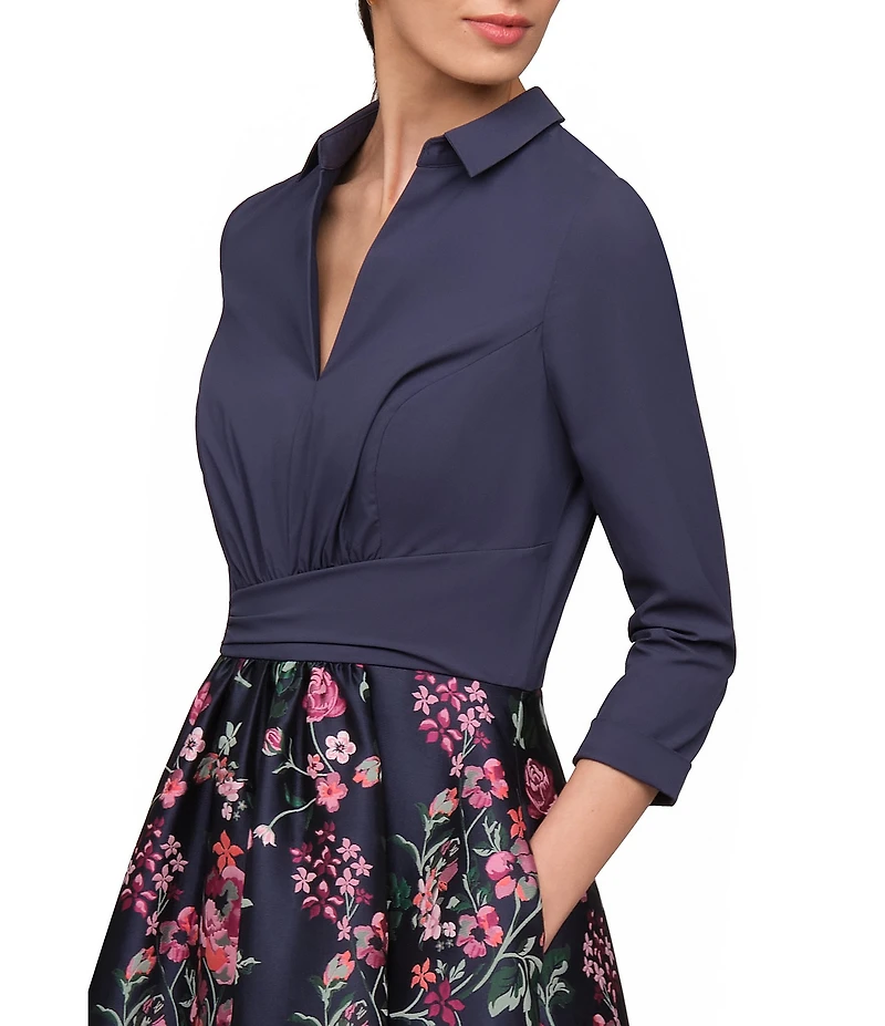 Kay Unger Marceline Split V-neck 3/4 Sleeve Jacquard Skirt Mixed Media Gown