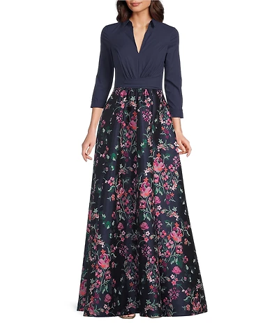 Kay Unger Marceline Split V-neck 3/4 Sleeve Jacquard Skirt Mixed Media Gown