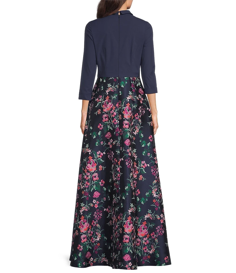 Kay Unger Marceline Split V-neck 3/4 Sleeve Jacquard Skirt Mixed Media Gown