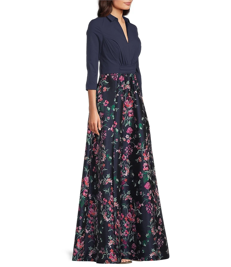 Kay Unger Marceline Split V-neck 3/4 Sleeve Jacquard Skirt Mixed Media Gown