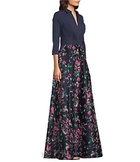 Kay Unger Marceline Split V-neck 3/4 Sleeve Jacquard Skirt Mixed Media Gown