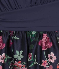 Kay Unger Marceline Split V-neck 3/4 Sleeve Jacquard Skirt Mixed Media Gown