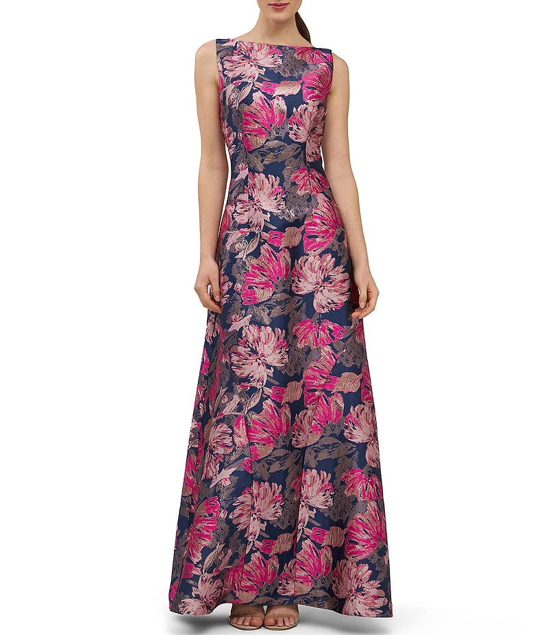 Kay Unger Maren Metallic Floral Jacquard Boat Neck Sleeveless Sheath Gown