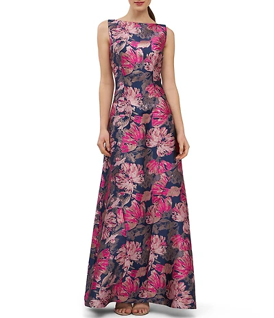 Kay Unger Maren Metallic Floral Jacquard Boat Neck Sleeveless Sheath Gown