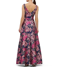 Kay Unger Maren Metallic Floral Jacquard Boat Neck Sleeveless Sheath Gown