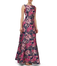 Kay Unger Maren Metallic Floral Jacquard Boat Neck Sleeveless Sheath Gown