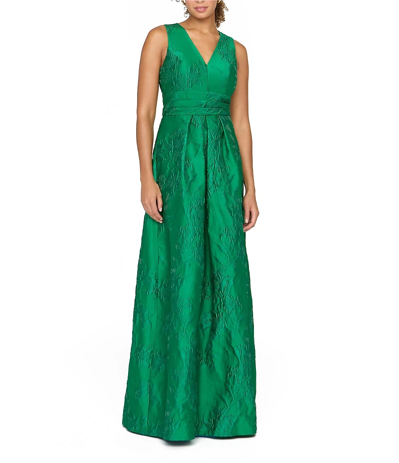 Kay Unger Mariah Textured Floral Jacquard V-Neck Sleeveless A-Line Gown
