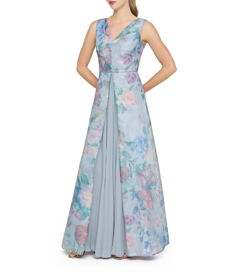 Kay Unger Merida Chiffon Organza Floral Print V-Neck Sleeveless Pleated Chiffon Insert A-Line Gown
