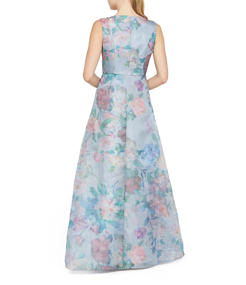 Kay Unger Merida Chiffon Organza Floral Print V-Neck Sleeveless Pleated Chiffon Insert A-Line Gown