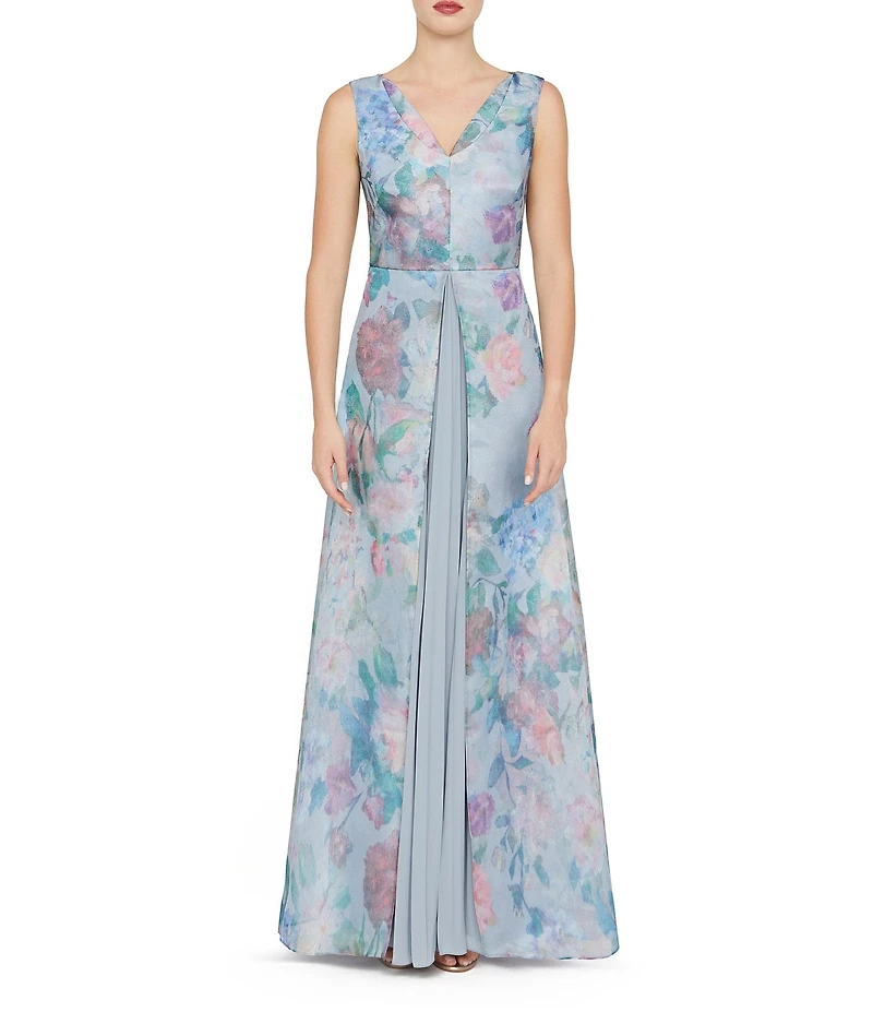 Kay Unger Merida Chiffon Organza Floral Print V-Neck Sleeveless Pleated Chiffon Insert A-Line Gown