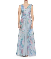 Kay Unger Merida Chiffon Organza Floral Print V-Neck Sleeveless Pleated Chiffon Insert A-Line Gown