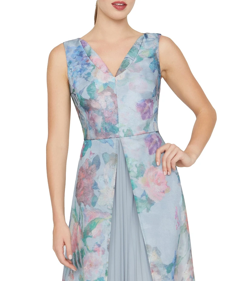 Kay Unger Merida Chiffon Organza Floral Print V-Neck Sleeveless Pleated Chiffon Insert A-Line Gown