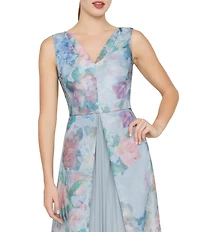 Kay Unger Merida Chiffon Organza Floral Print V-Neck Sleeveless Pleated Chiffon Insert A-Line Gown