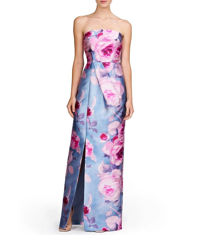 Kay Unger Mikado Floral Print Strapless Neck Sleeveless Pleated Sheath Gown
