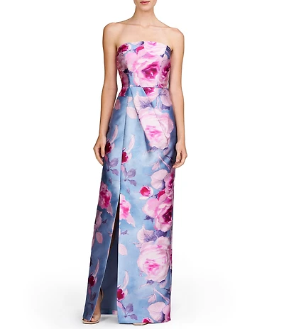 Kay Unger Mikado Floral Print Strapless Neck Sleeveless Pleated Sheath Gown