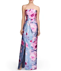 Kay Unger Mikado Floral Print Strapless Neck Sleeveless Pleated Sheath Gown