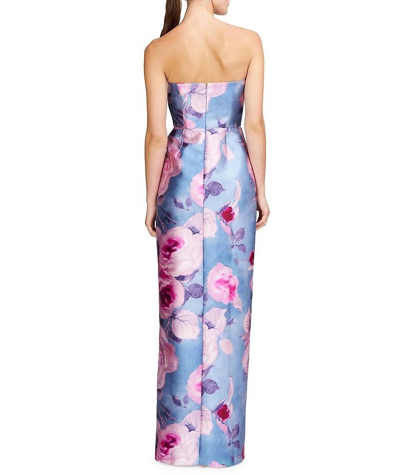 Kay Unger Mikado Floral Print Strapless Neck Sleeveless Pleated Sheath Gown