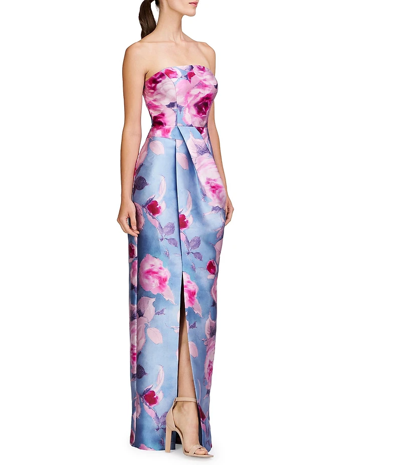 Kay Unger Mikado Floral Print Strapless Neck Sleeveless Pleated Sheath Gown